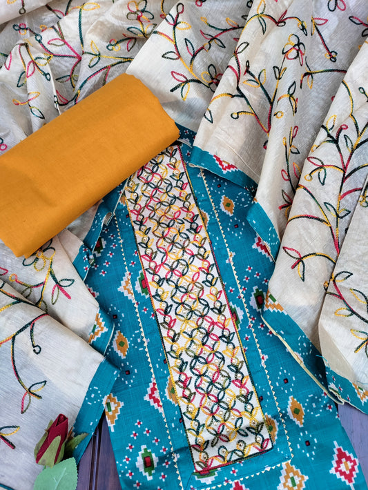Navrang Blue Ikkat Print with Thread Embroidery Patch Cotton Linen Suit Set