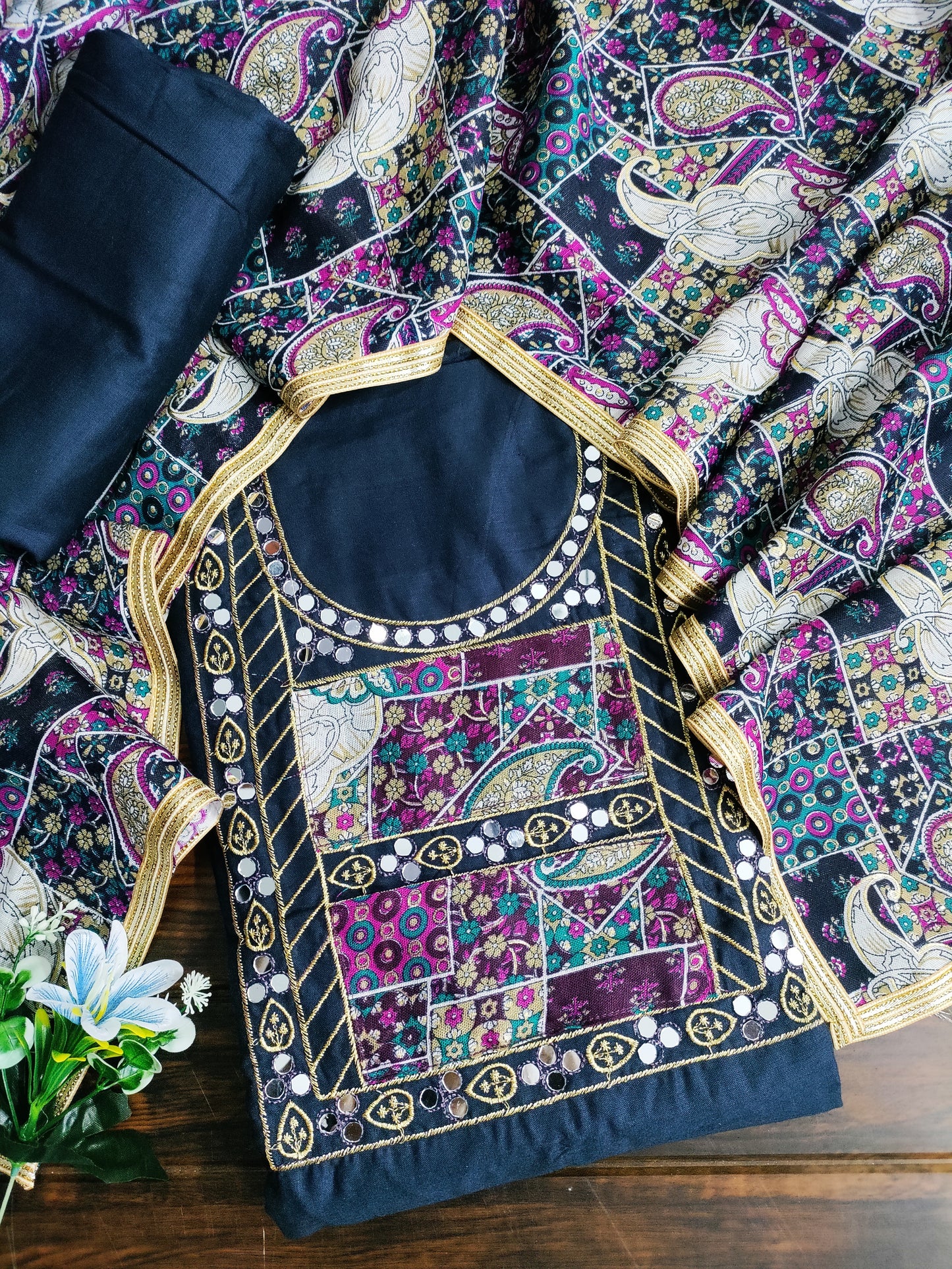 Rajwadi Navy-Blue and Heavy Mirror work on Neck Suit Set with Rajwadi Printed Cotton Dupatta