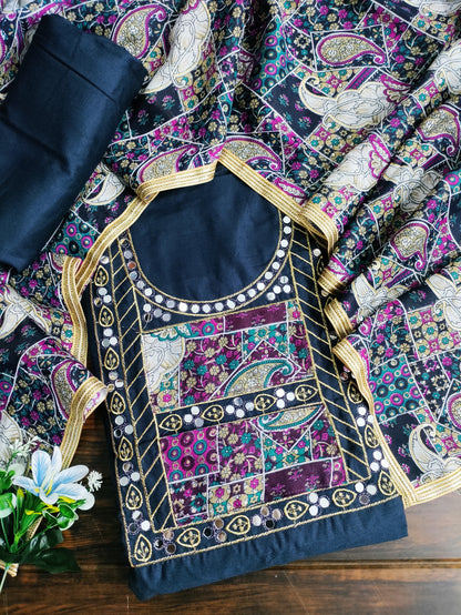 Rajwadi Navy-Blue and Heavy Mirror work on Neck Suit Set with Rajwadi Printed Cotton Dupatta