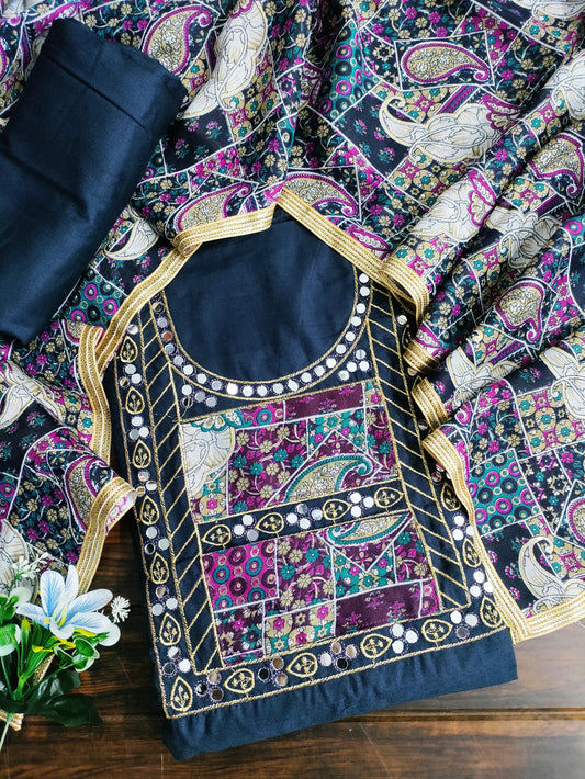 Rajwadi Navy-Blue and Heavy Mirror work on Neck Suit Set with Rajwadi Printed Cotton Dupatta
