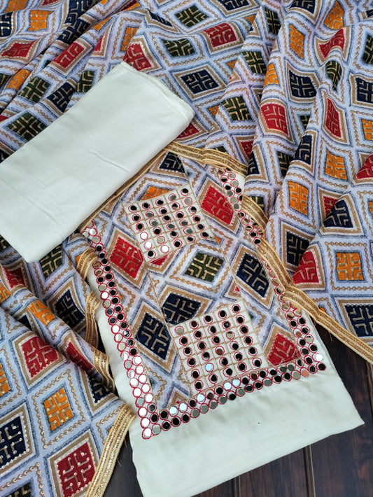 Rajwadi Beige and Heavy Mirror work on Neck Suit Set with Rajwadi Printed Cotton Dupatta
