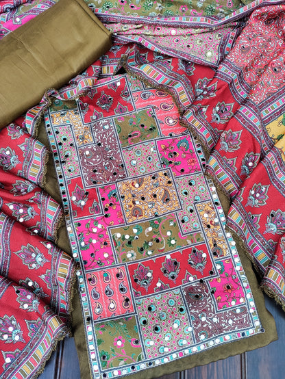 Rajwadi Olive Green and Real Mirror Patch Suit Set with Printed Mirror work Dupatta
