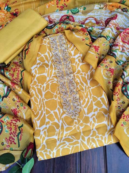 Kanika Turmeric Yellow Printed Cotton and Zari work patch Suit Set with Printed Dupatta