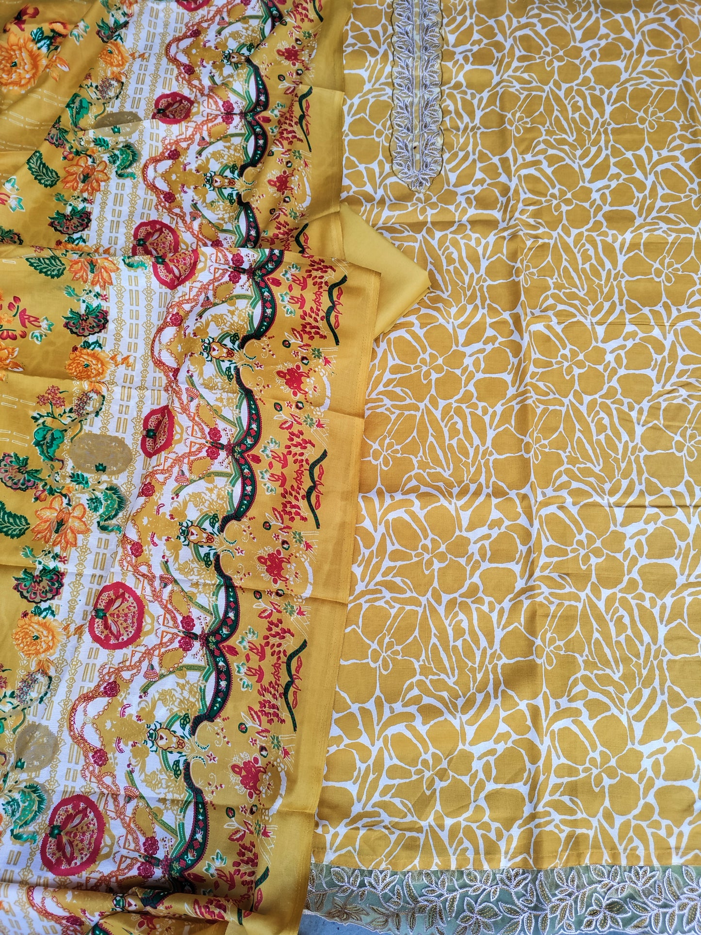 Kanika Turmeric Yellow Printed Cotton and Zari work patch Suit Set with Printed Dupatta