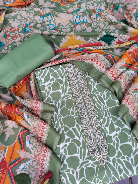 Kanika Olive Green Printed Cotton and Zari work patch Suit Set with Printed Dupatta