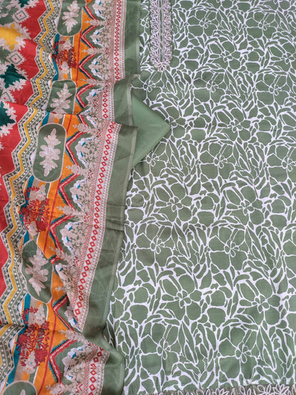 Kanika Olive Green Printed Cotton and Zari work patch Suit Set with Printed Dupatta