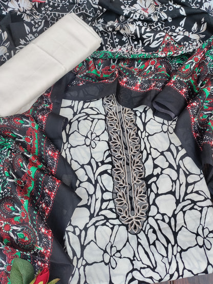 Kanika White Printed Cotton and Zari work patch Suit Set with Printed Dupatta