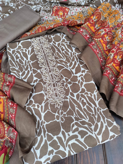 Kanika Brown Printed Cotton and Zari work patch Suit Set with Printed Dupatta