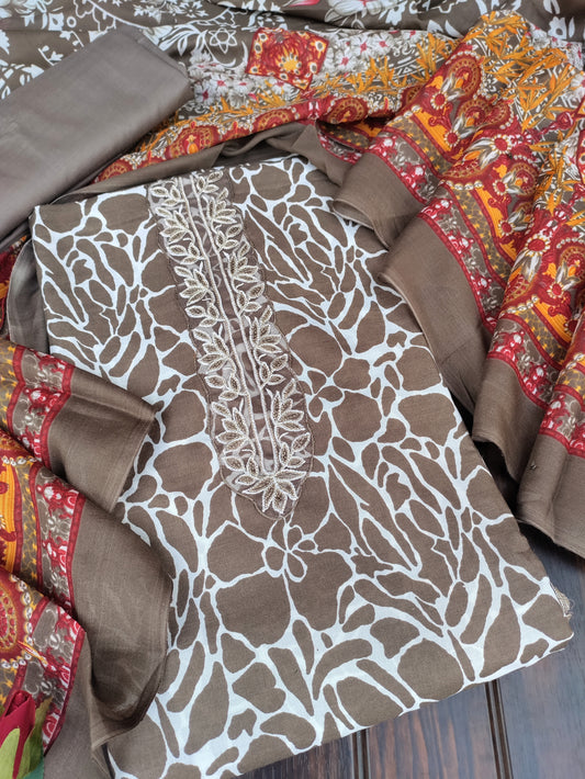 Kanika Brown Printed Cotton and Zari work patch Suit Set with Printed Dupatta