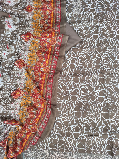 Kanika Brown Printed Cotton and Zari work patch Suit Set with Printed Dupatta