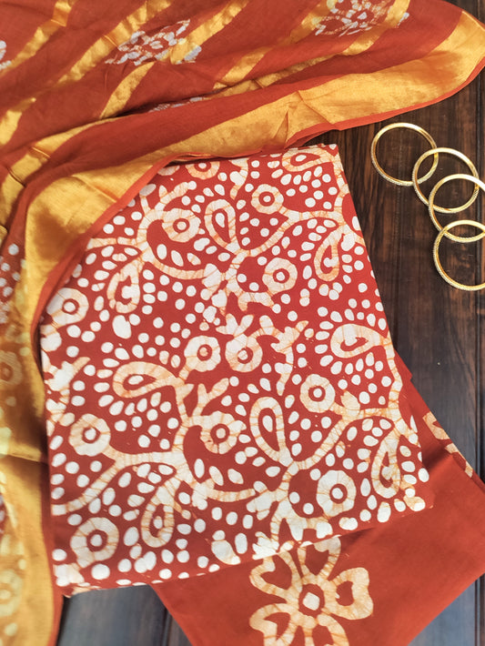 Batik Orange Green Cotton Unstitched Suit Set