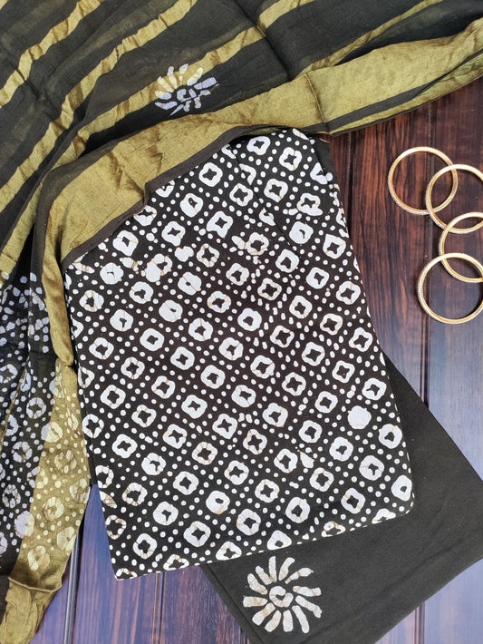 Batik Print Dark Olive Green Cotton Unstitched Suit Set