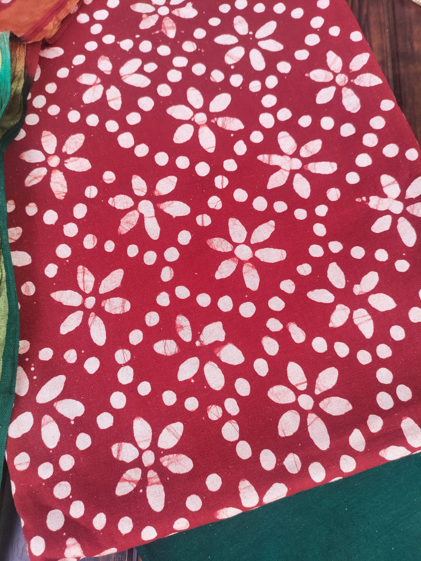 Batik Print Red Maroon Cotton Unstitched Suit Set