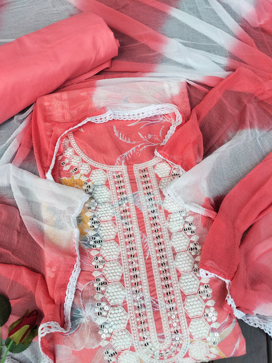Floral Kesari Printed Cotton Suit Set with Chikankari Work on Neck