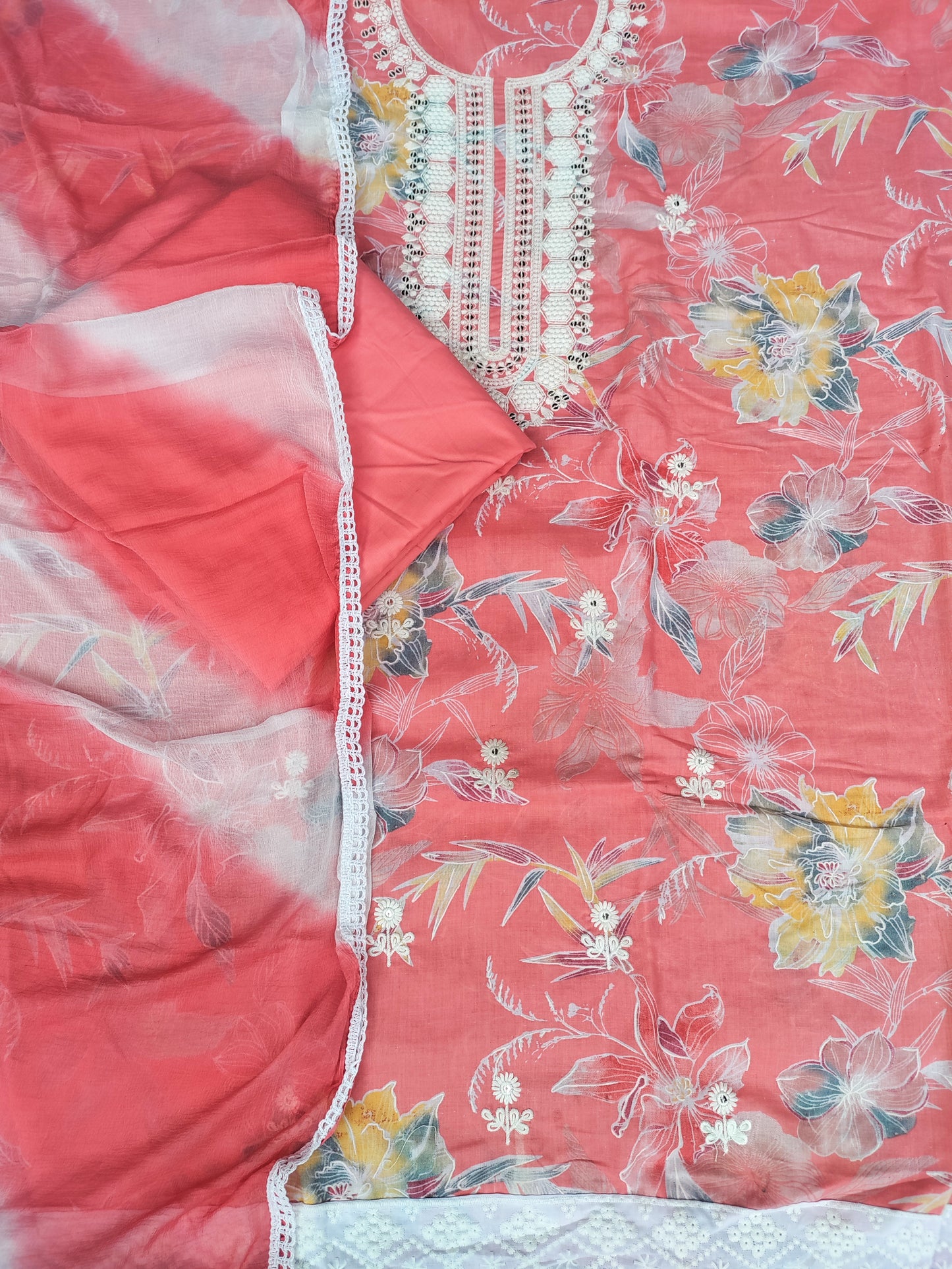 Floral Kesari Printed Cotton Suit Set with Chikankari Work on Neck