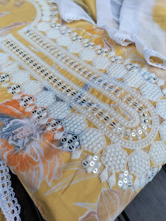 Floral Yellow Printed Cotton Suit Set with Chikankari Work on Neck