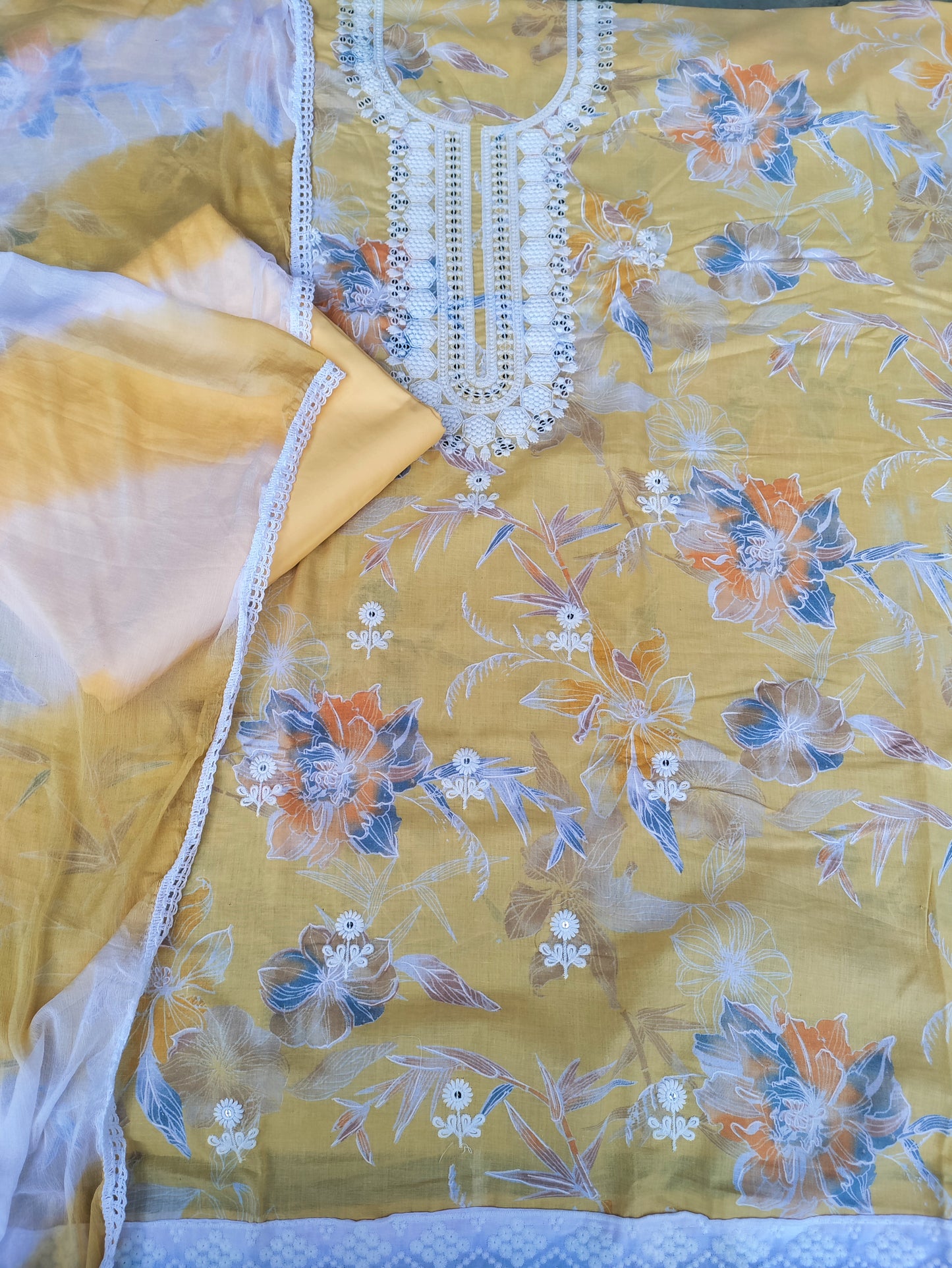 Floral Yellow Printed Cotton Suit Set with Chikankari Work on Neck