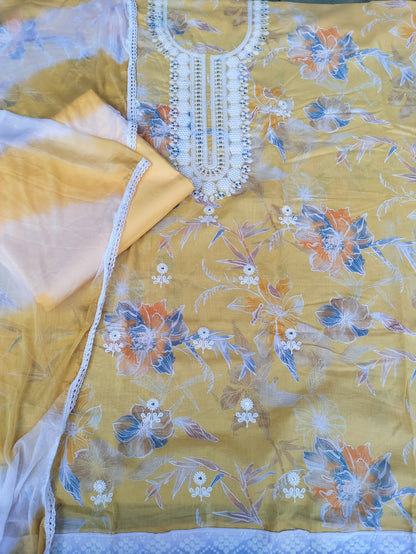 Floral Yellow Printed Cotton Suit Set with Chikankari Work on Neck