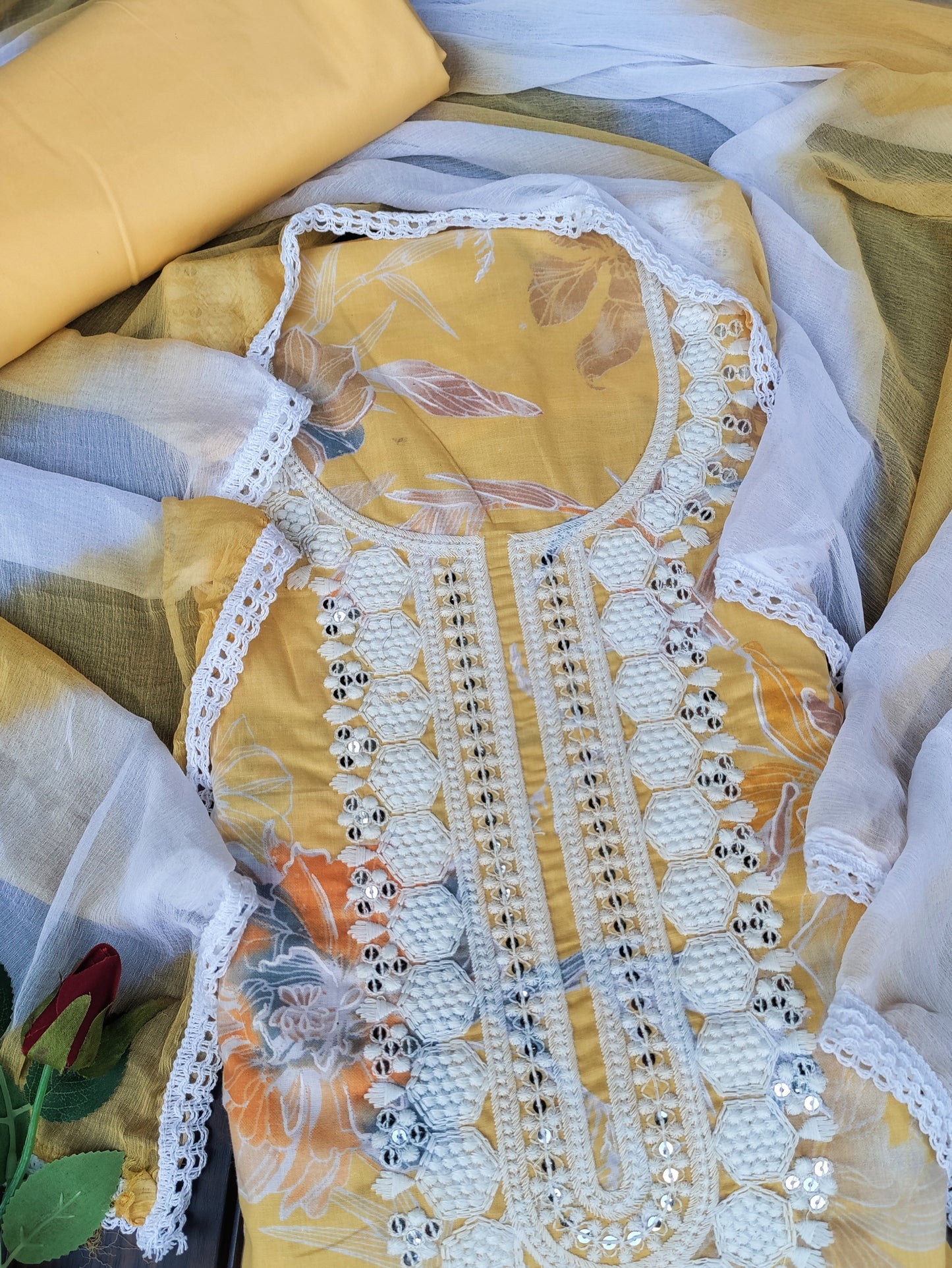 Floral Yellow Printed Cotton Suit Set with Chikankari Work on Neck