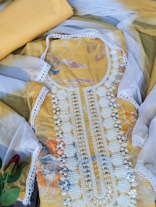 Floral Yellow Printed Cotton Suit Set with Chikankari Work on Neck