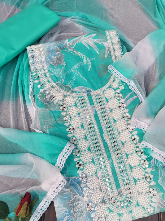 Floral Aqua Green Printed Cotton Suit Set with Chikankari Work on Neck