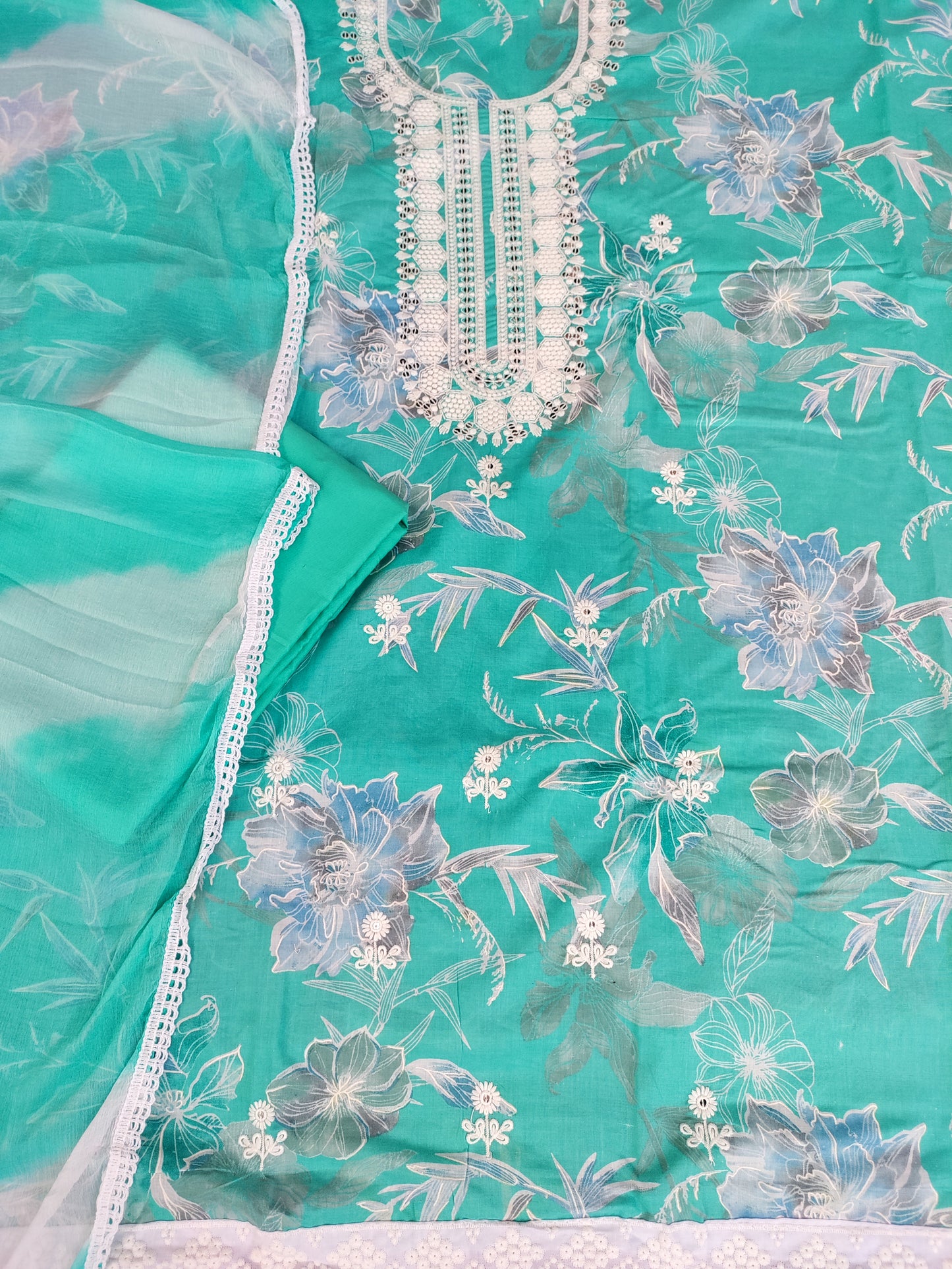 Floral Aqua Green Printed Cotton Suit Set with Chikankari Work on Neck