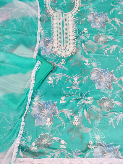 Floral Aqua Green Printed Cotton Suit Set with Chikankari Work on Neck