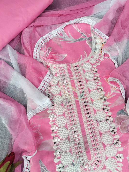 Floral Rose Pink Printed Cotton Suit Set with Chikankari Work on Neck