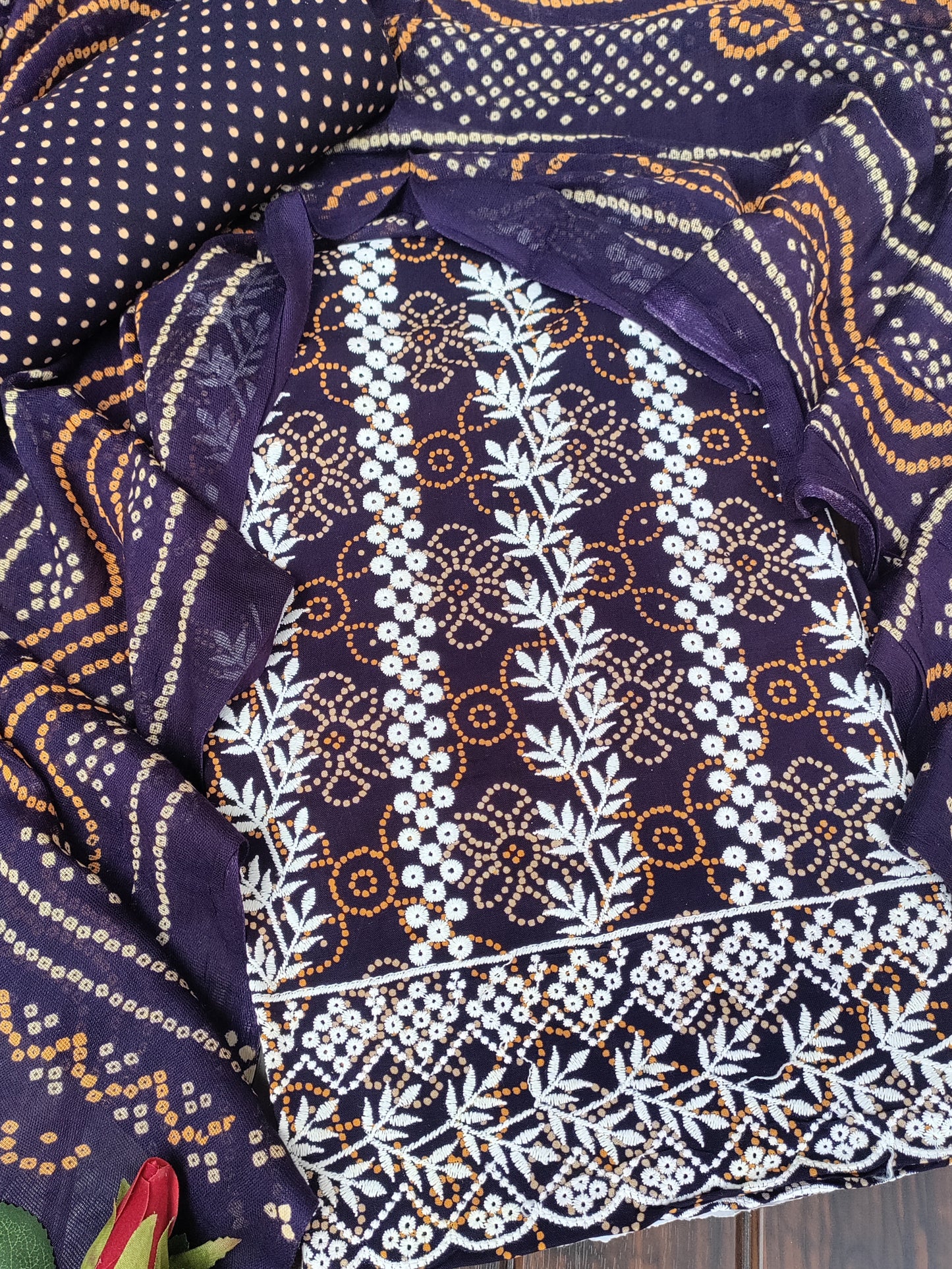 Kusumika Ink Blue Chikankari with Bandhani Print Suit Set and Bandhani Print Dupatta
