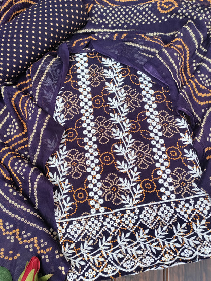 Kusumika Ink Blue Chikankari with Bandhani Print Suit Set and Bandhani Print Dupatta
