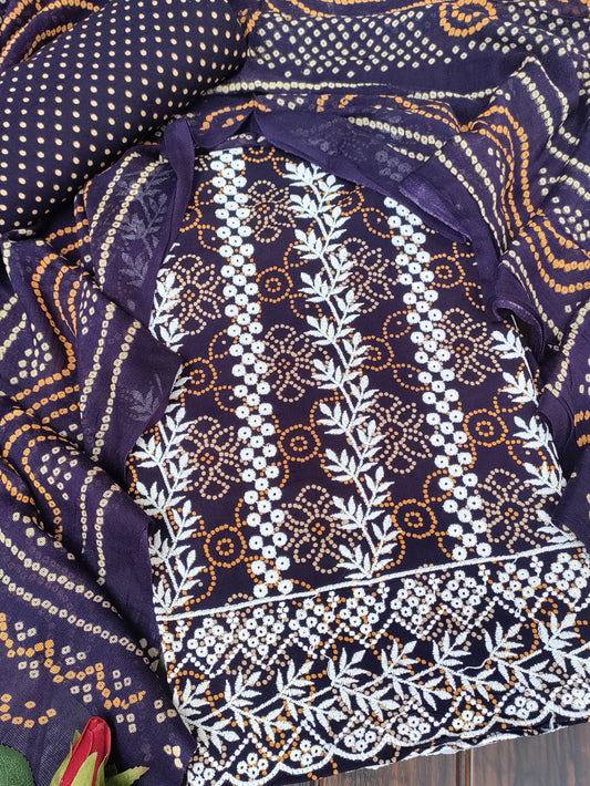Kusumika Ink Blue Chikankari with Bandhani Print Suit Set and Bandhani Print Dupatta