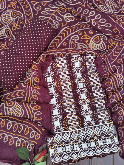 Tarini Deep Maroon Chikankari with Bandhani Print Suit Set and Bandhani Print Dupatta
