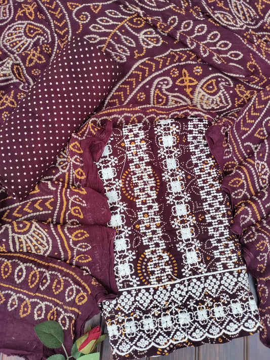 Tarini Deep Maroon Chikankari with Bandhani Print Suit Set and Bandhani Print Dupatta