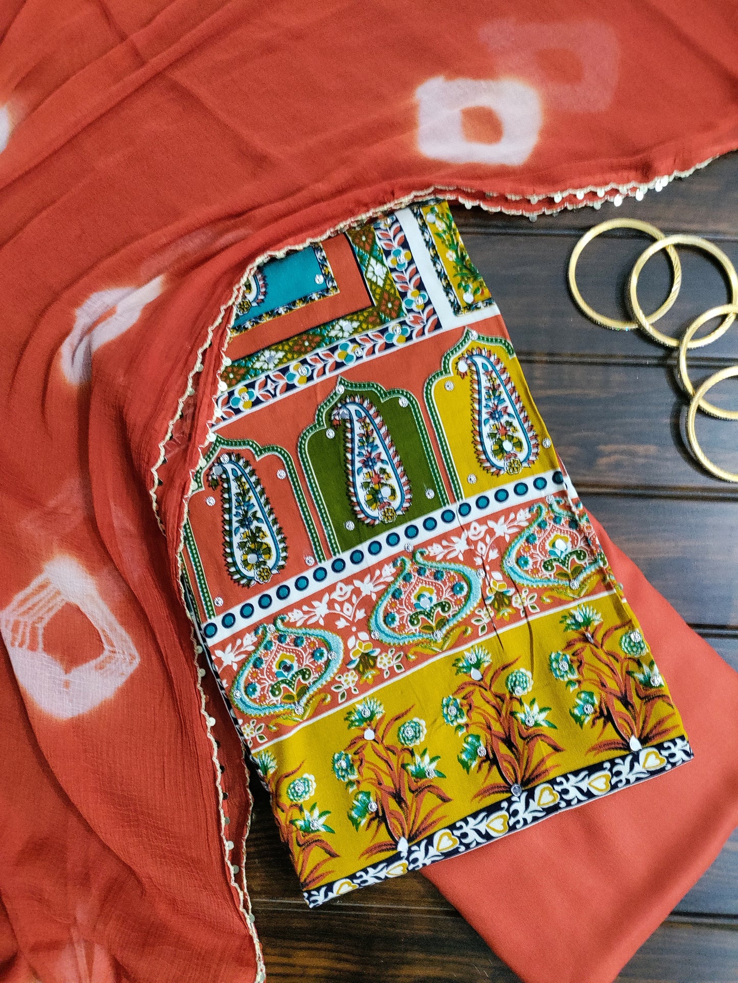 Varnika Kesari - Colorful Printed Rayon Suit Set with Stone Work