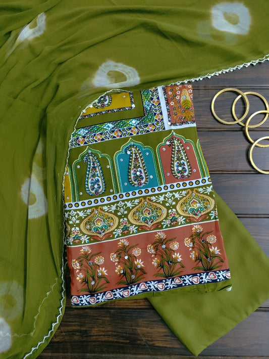 Varnika Olive Green - Colorful Printed Rayon Suit Set with Stone Work