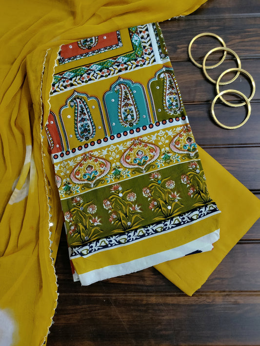 Varnika Yellow - Colorful Printed Rayon Suit Set with Stone Work