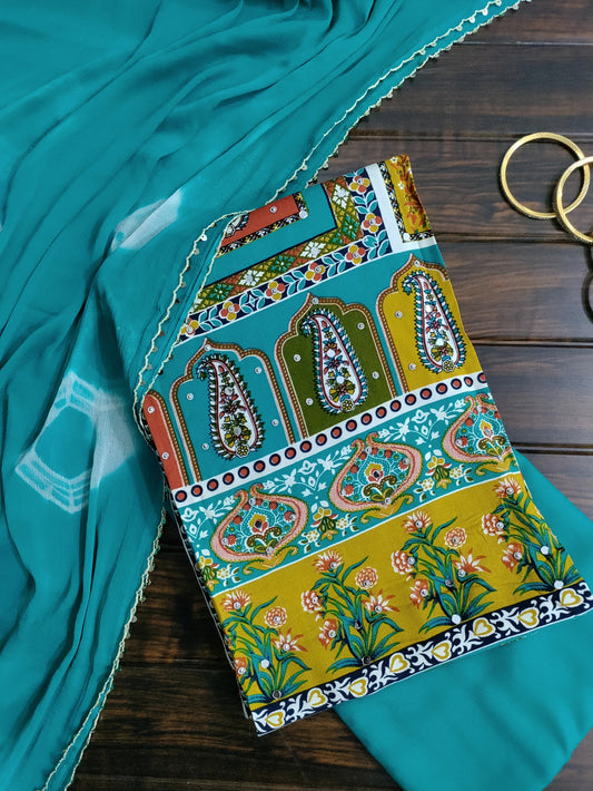 Varnika Aqua Blue - Colorful Printed Rayon Suit Set with Stone Work