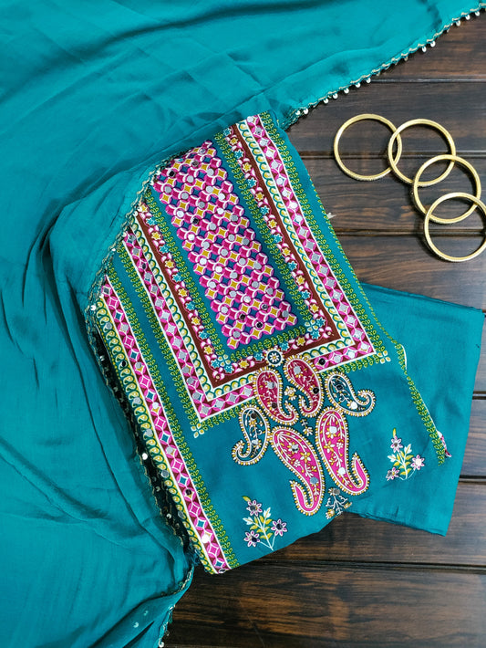 Saisha Teal Green with Multicolor Stripes Rayon Suit Set with Mirror Work