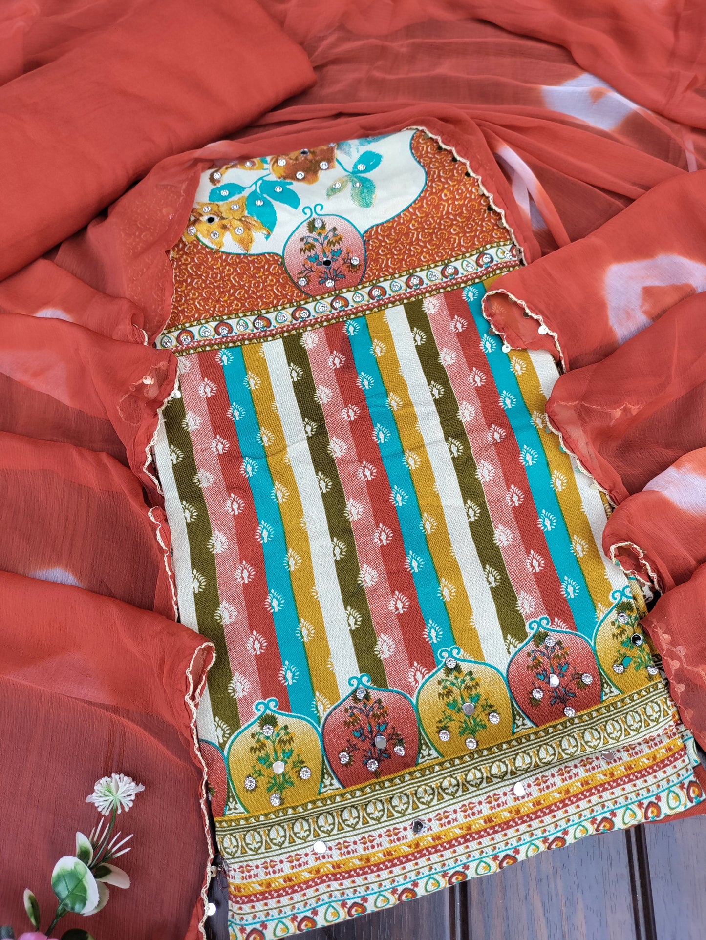 Rangini Rust Red with Multicolor Stripes Rayon Suit Set with Mirror Work