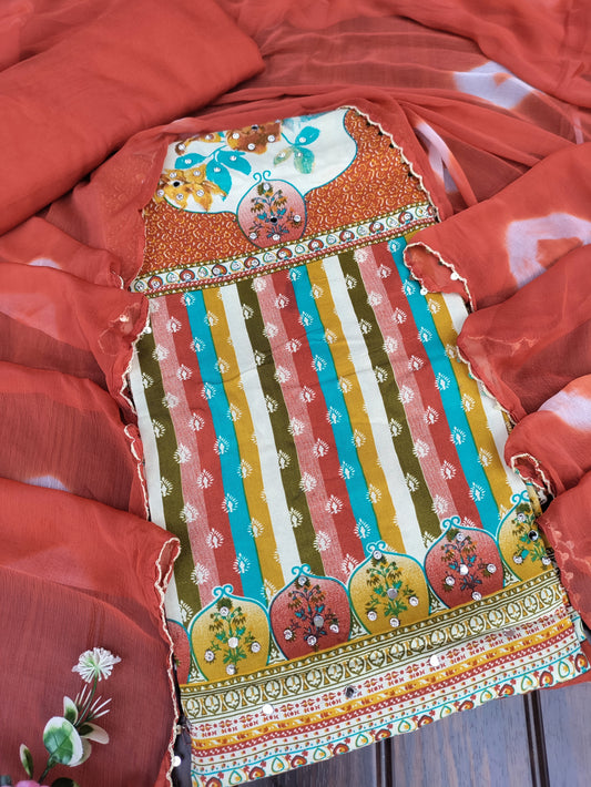 Rangini Rust Red with Multicolor Stripes Rayon Suit Set with Mirror Work