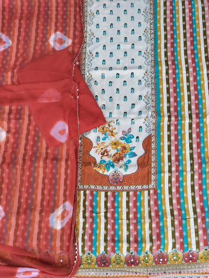 Rangini Rust Red with Multicolor Stripes Rayon Suit Set with Mirror Work