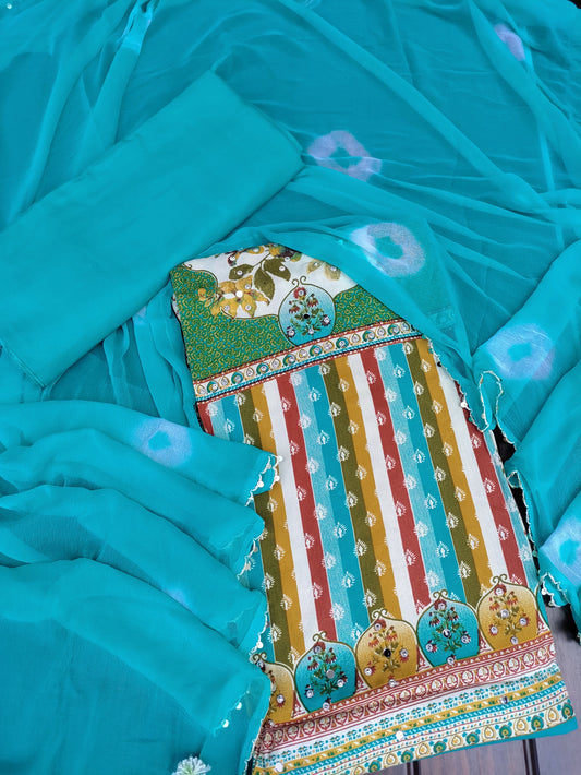 Rangini Teal Blue with Multicolor Stripes Rayon Suit Set with Mirror Work