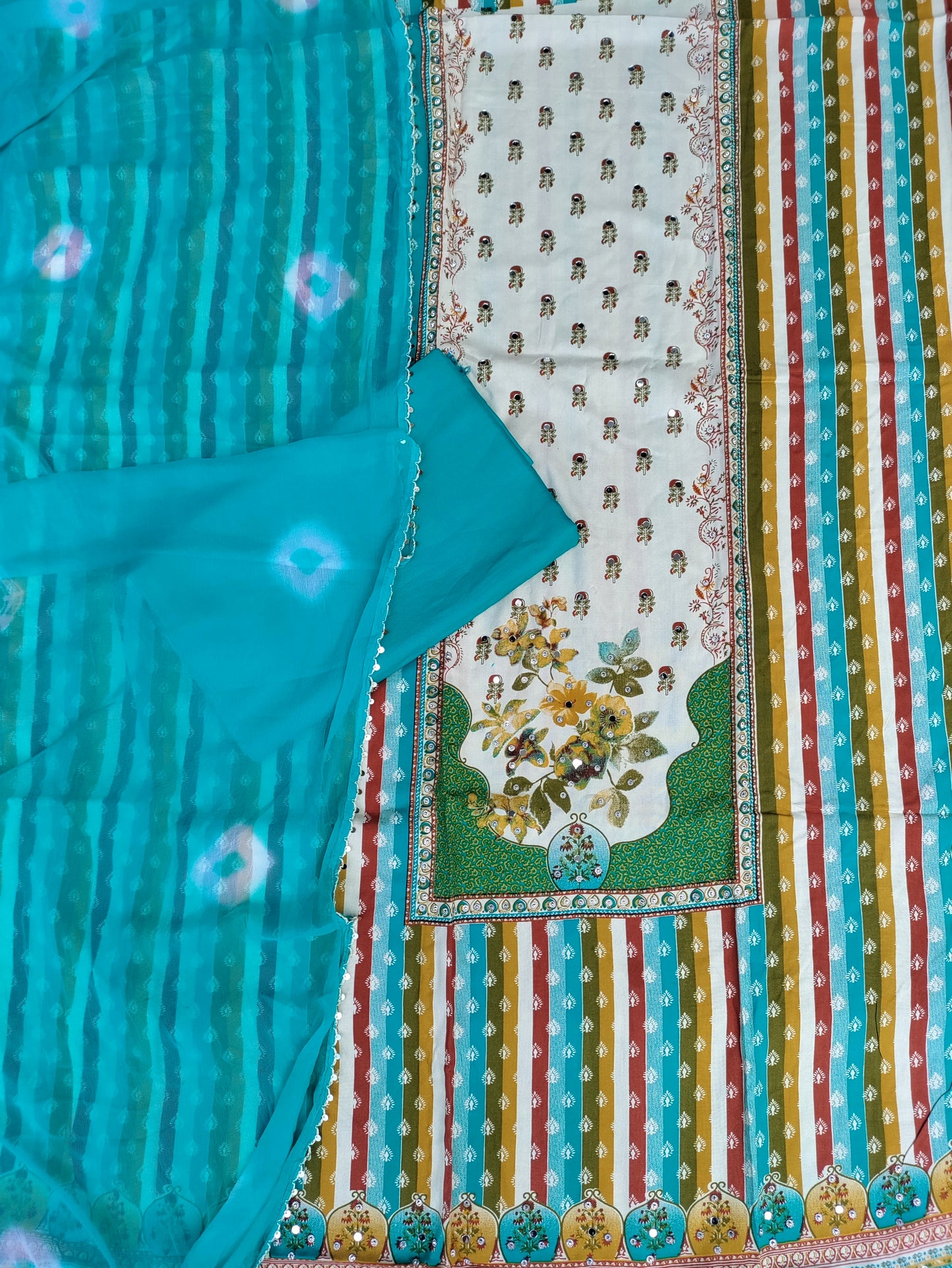 Rangini Teal Blue with Multicolor Stripes Rayon Suit Set with Mirror Work